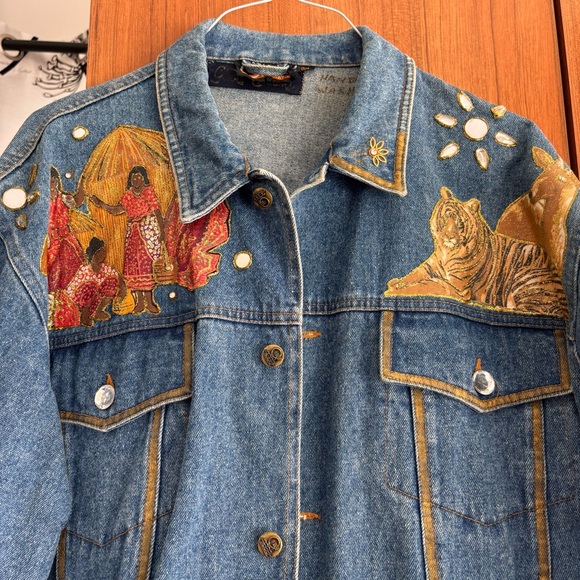 Vintage Custom Hand-Painted Safari Wearable Art Denim Jacket Size L - Picture 3 of 8